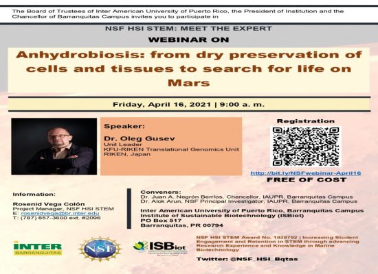Webinar on Anhydrobiosis from dry preservation of cells and tissues to search for life on Mars