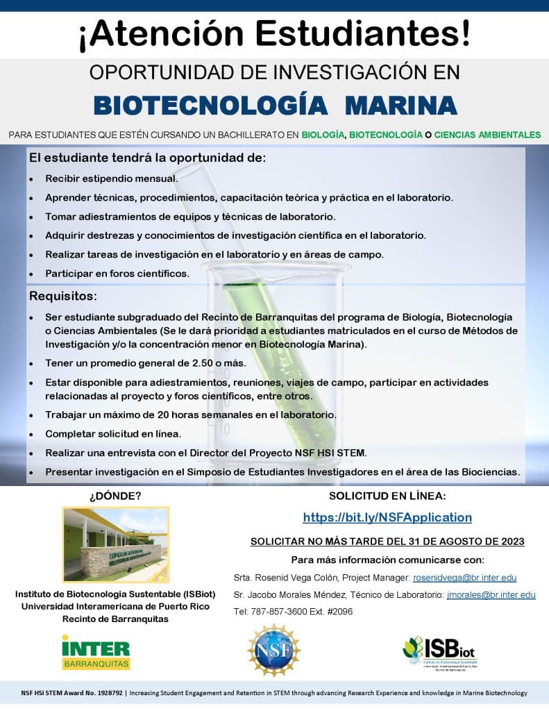 Promocion para oportunidad de investigacion en bioctenologia marina